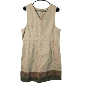 Jenna Lane New York Brown Embroidered V-Neck‎ Sheath Dress Large Linen Blend